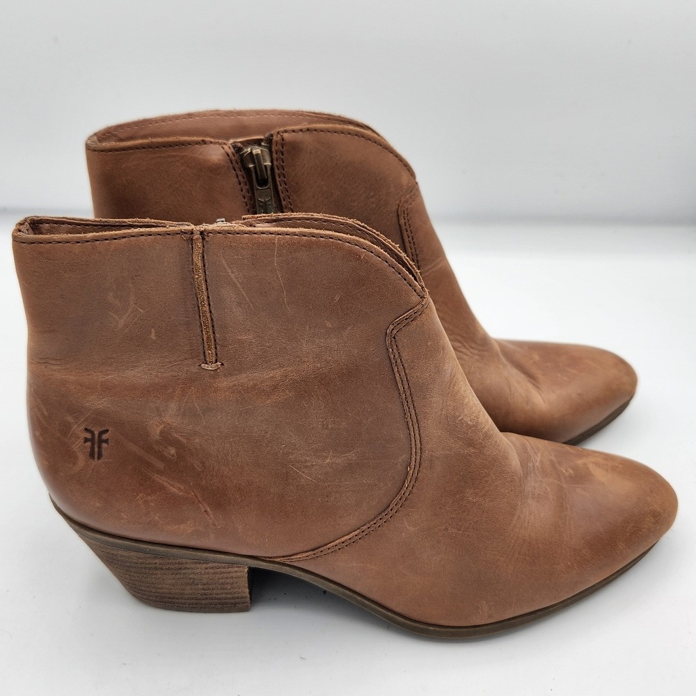 Frye Jennifer Leather Ankle Boots Brown Western Heel Zip Up Booties Women's 9.5M